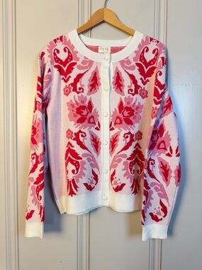 NWT Fate Marilyn Floral Jaquard Knit Cardigan White Pink Button down Size L